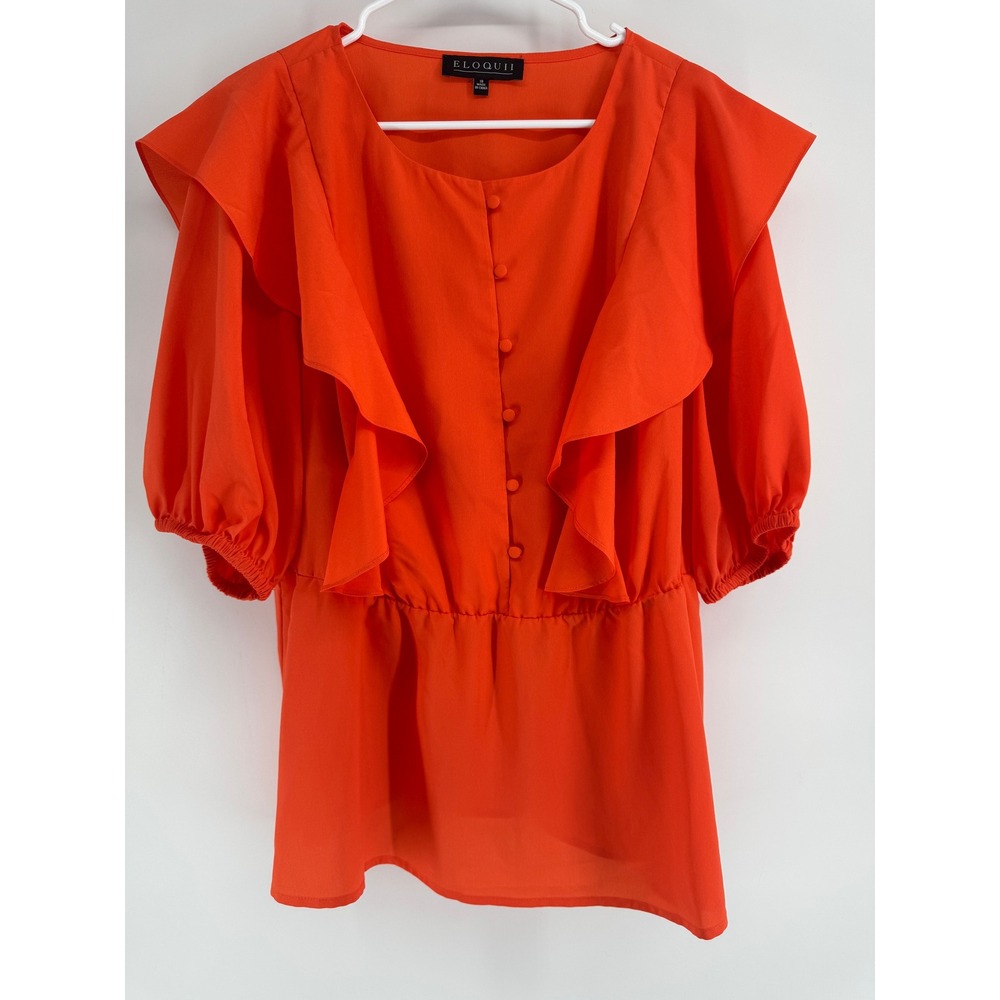 Eloquii Orange Ruffle Front Peplum Blouse Button Up Short Sleeve Top 18 4678